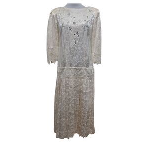 Vintage Nancy Johnson 80s Silk Victorian Cottagecore Boho Lace Floral Dress Sz4